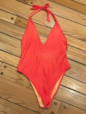 aerie Deep Plunge Bright Coral Halter One-Piece Swimsuit XL